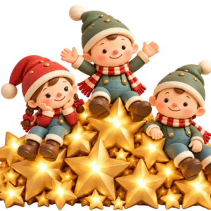 Tres elfos navideños reunidos alrededor de una estrella dorada luminosa.